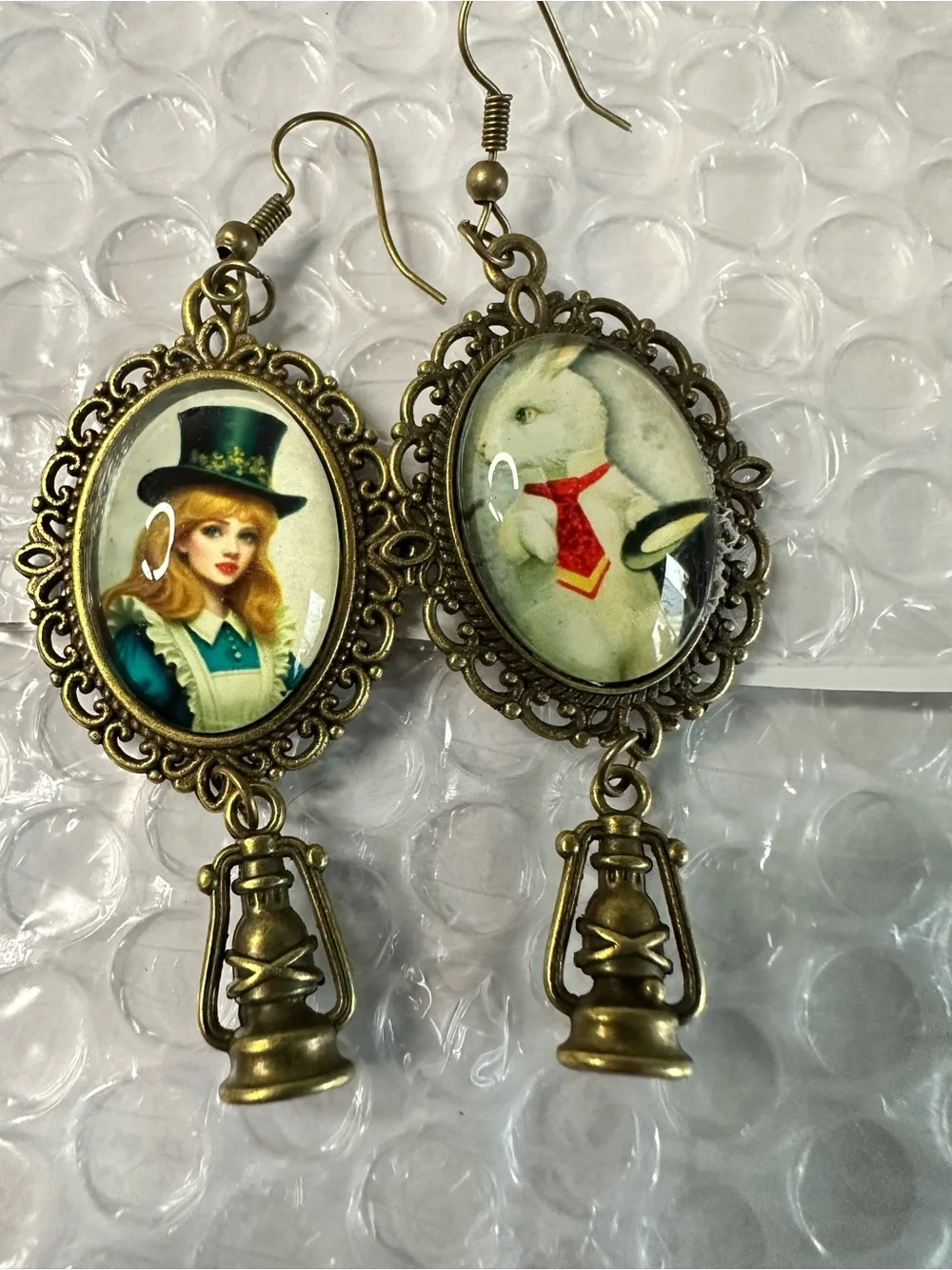 Alice in Wonderland Cameo Drop Earrings - Gold Tone with Teal & White Accents